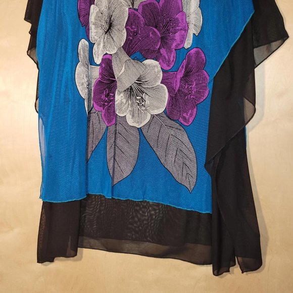 Michael X Blue Black Floral Sheer Knit Layered Swimsuit Coverup Women Size L - Picture 8 of 10